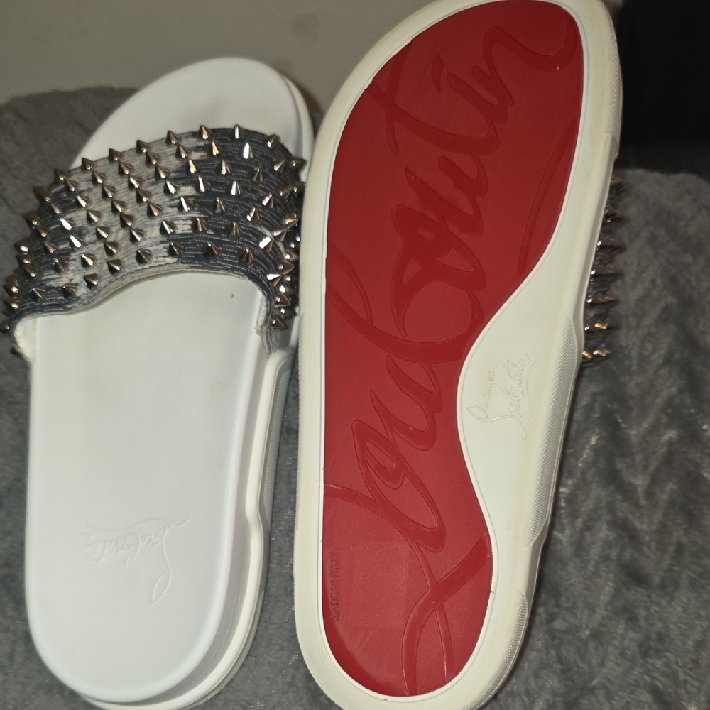 Christian Louboutin White Slides with Red Soles and Silver Spikes